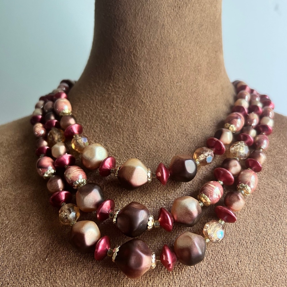 Vintage Hong Kong Triple Strand Faux Pearl Bead Necklace 16-19"‎ Cottagecore